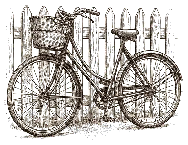Drawing of a bicycle with a basket by a fence