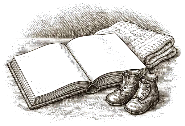 Drawing of a family photo album and a child's shoes