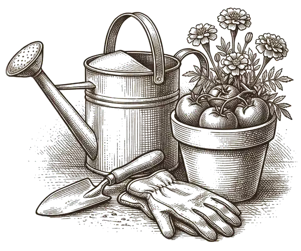 Drawing of a watering can and a pot of tomatoes