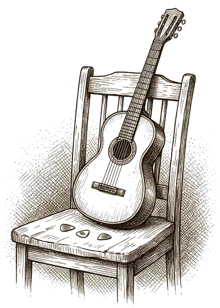 Drawing of an acoustic guitar against a chair