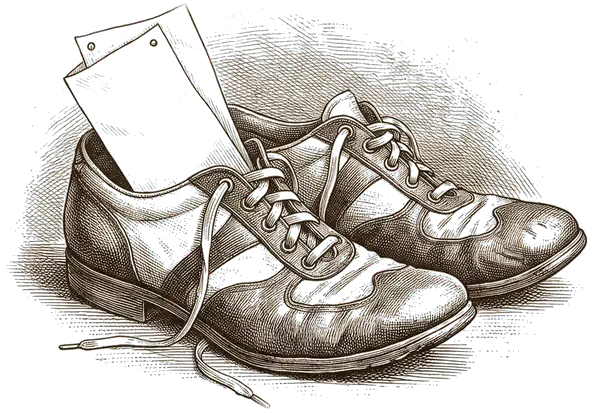 Drawing of running shoes with a race bib