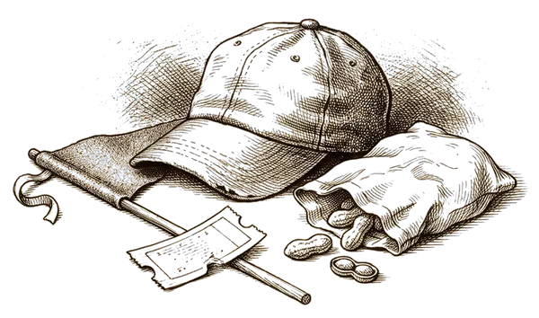 Drawing of a ball cap, pennant and peanuts