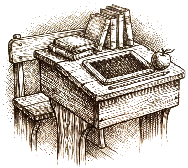 Drawing of an apple and books on a school desk
