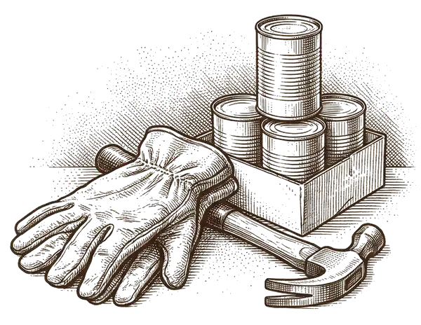 Drawing of work gloves, a hammer and a box of canned food