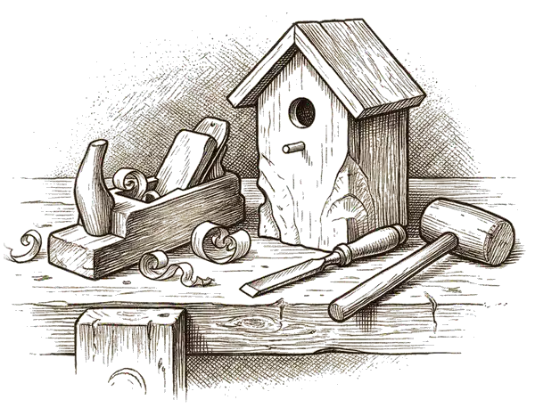 Drawing of a workbench with a hand plane and birdhouse