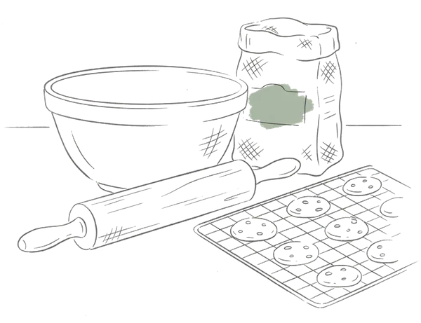 Drawing of a mixing bowl, rolling pin and cookies