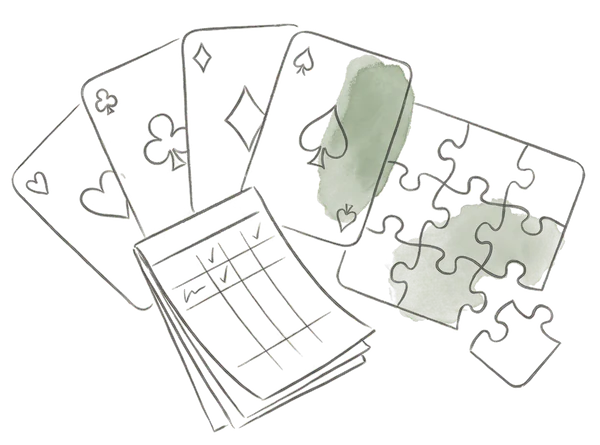 Drawing of playing cards and a jigsaw puzzle