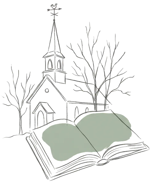 Drawing of a country church and an open hymnal