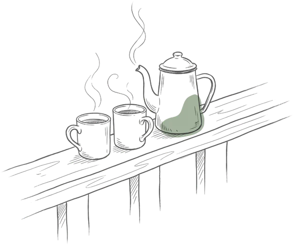 Drawing of a coffee pot and two mugs on a porch