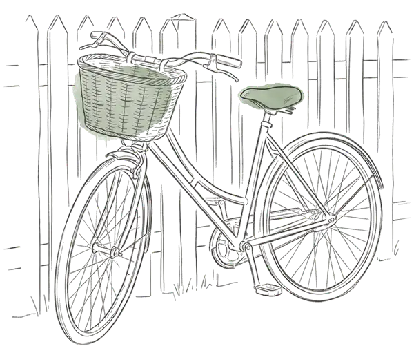 Drawing of a bicycle with a basket by a fence