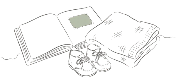 Drawing of a family photo album and a child's shoes