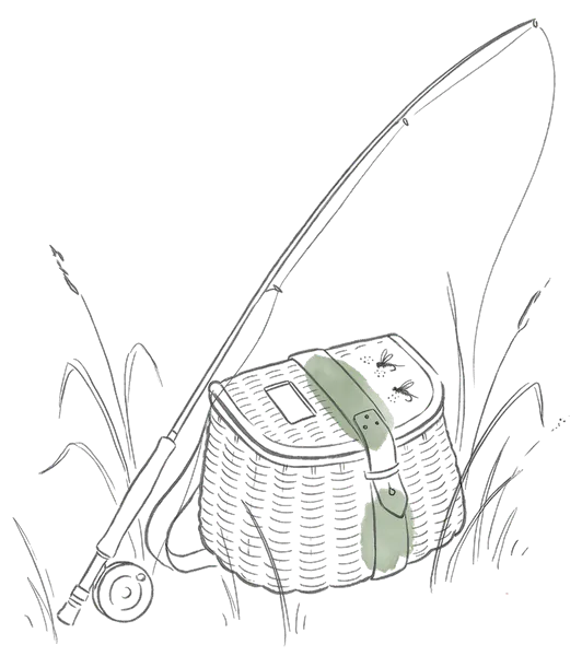 Drawing of a fishing rod and creel by a river