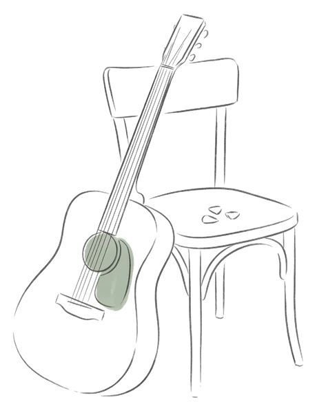 Drawing of an acoustic guitar against a chair