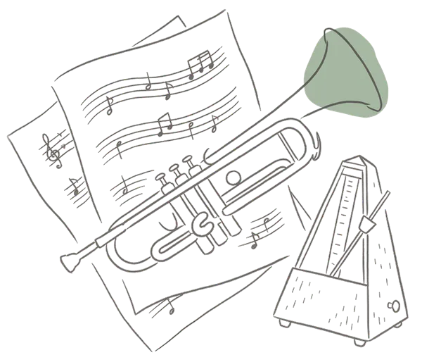 Drawing of sheet music, a trumpet and a metronome