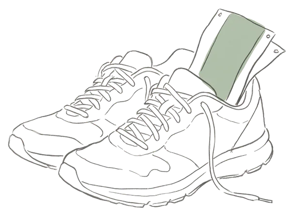 Drawing of running shoes with a race bib