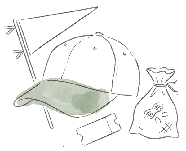 Drawing of a ball cap, pennant and peanuts