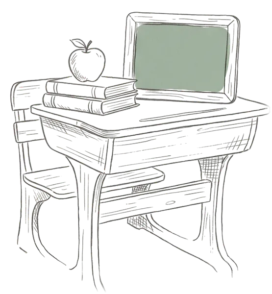 Drawing of an apple and books on a school desk