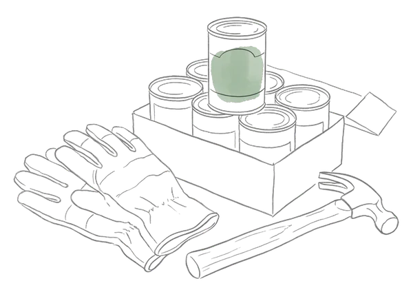Drawing of work gloves, a hammer and a box of canned food