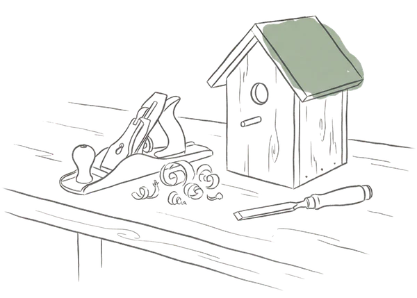 Drawing of a workbench with a hand plane and birdhouse