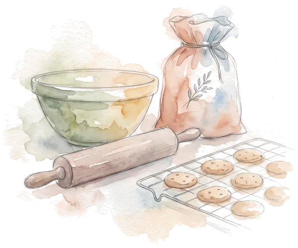 Drawing of a mixing bowl, rolling pin and cookies