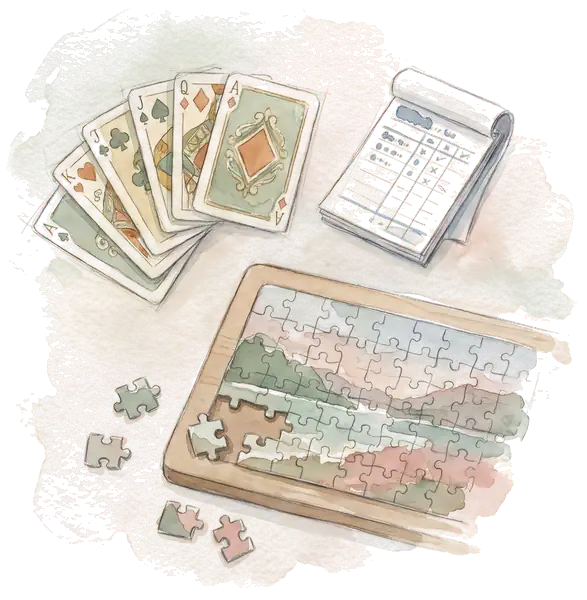 Drawing of playing cards and a jigsaw puzzle
