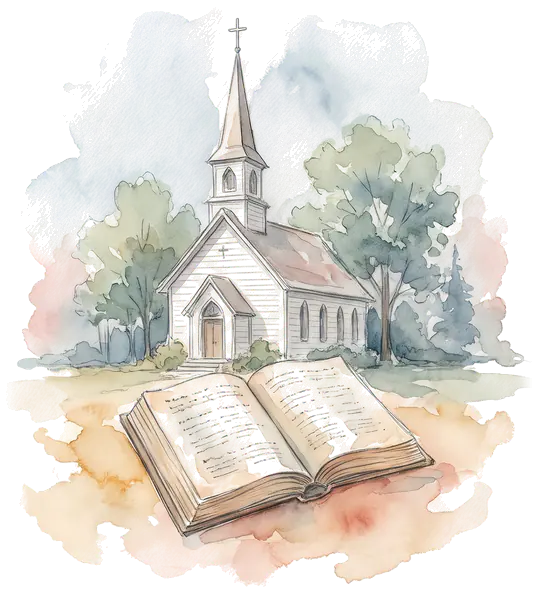 Drawing of a country church and an open hymnal