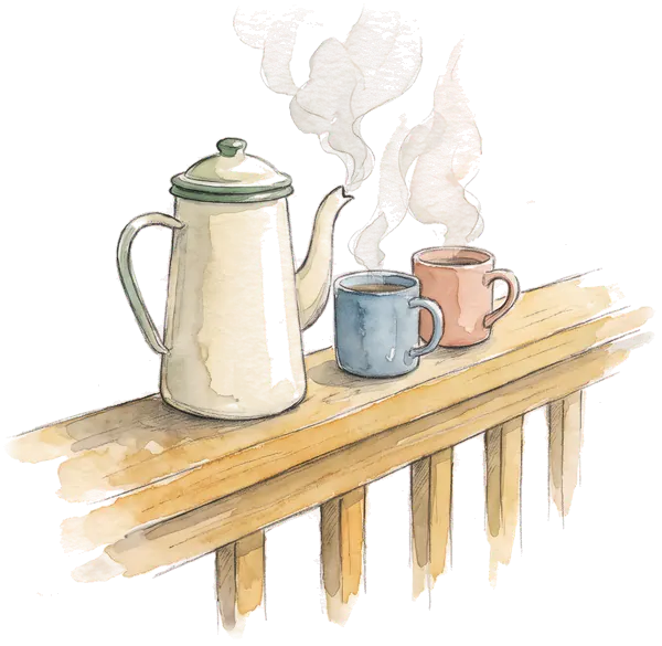 Drawing of a coffee pot and two mugs on a porch