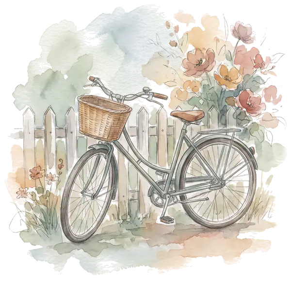 Drawing of a bicycle with a basket by a fence
