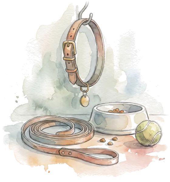 Drawing of a dog collar, leash and ball
