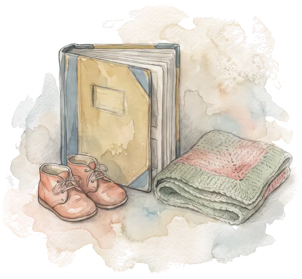 Drawing of a family photo album and a child's shoes