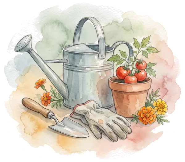 Drawing of a watering can and a pot of tomatoes