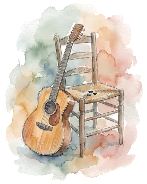 Drawing of an acoustic guitar against a chair