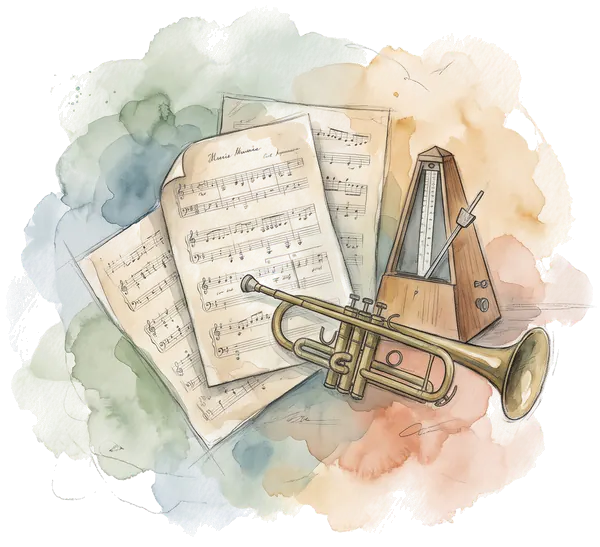 Drawing of sheet music, a trumpet and a metronome
