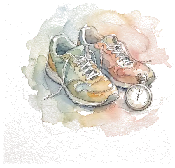 Drawing of running shoes with a race bib