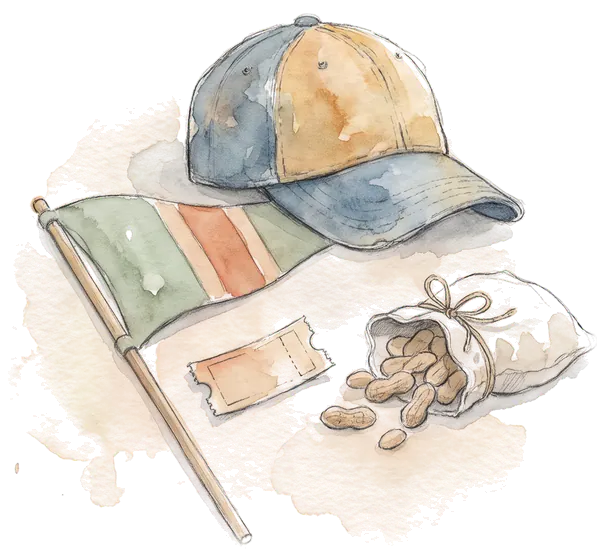 Drawing of a ball cap, pennant and peanuts