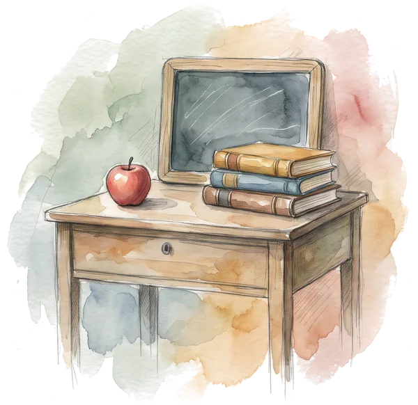 Drawing of an apple and books on a school desk