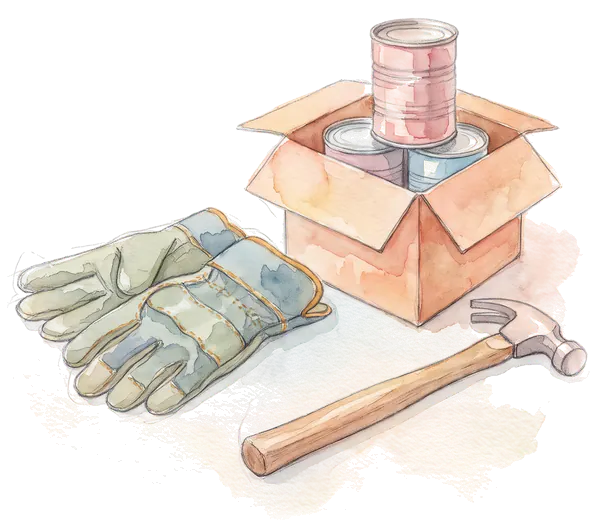 Drawing of work gloves, a hammer and a box of canned food