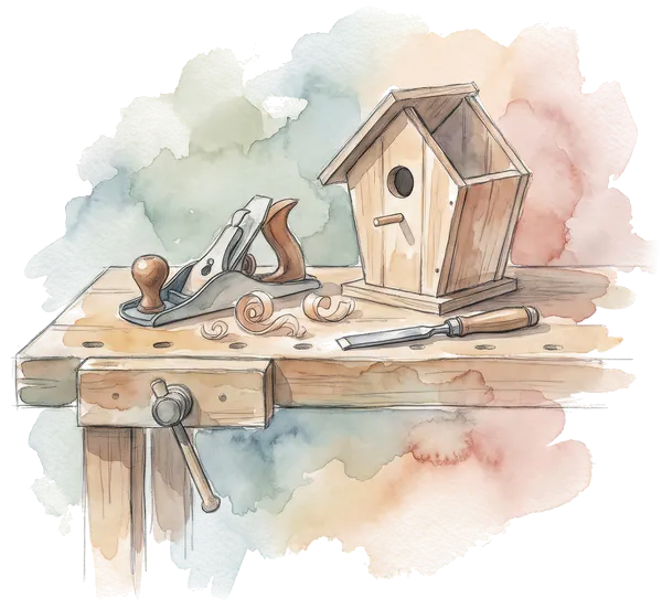Drawing of a workbench with a hand plane and birdhouse