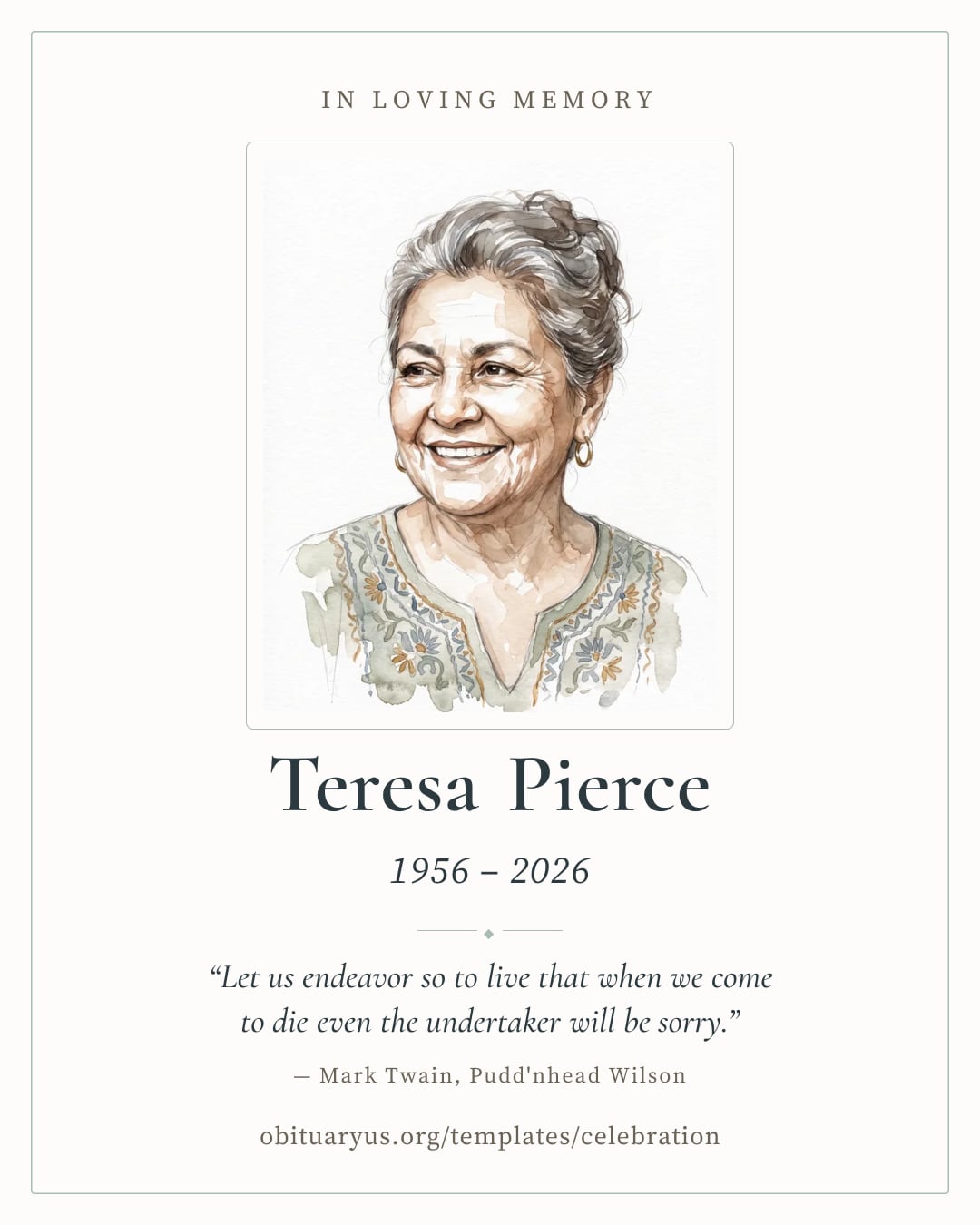 Sample photo tribute for Teresa Pierce, an invented person
