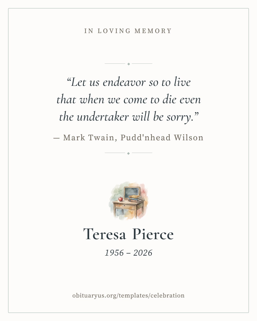 Sample quote card for Teresa Pierce, an invented person