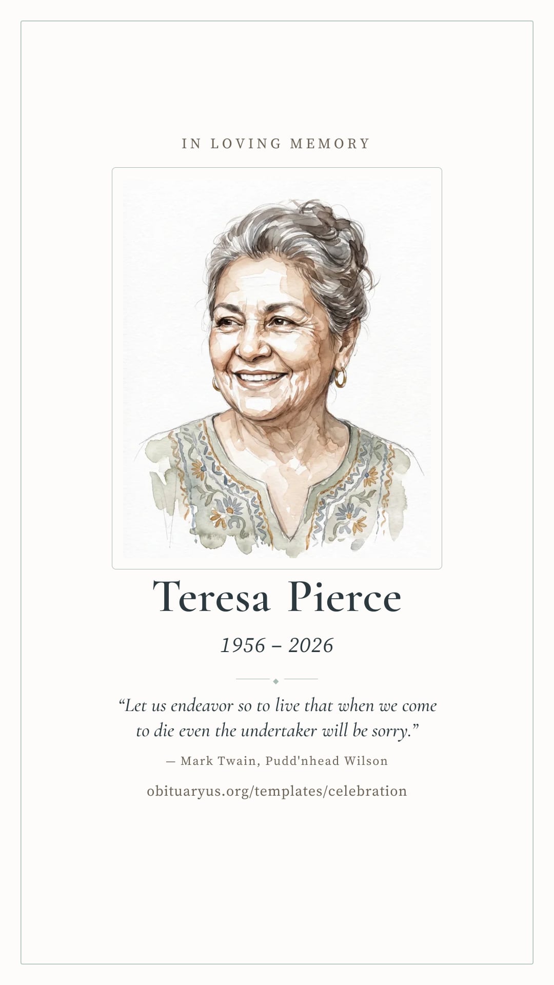 Sample story for Teresa Pierce, an invented person